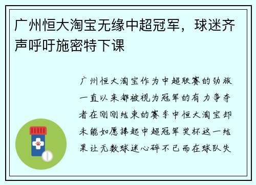 广州恒大淘宝无缘中超冠军，球迷齐声呼吁施密特下课