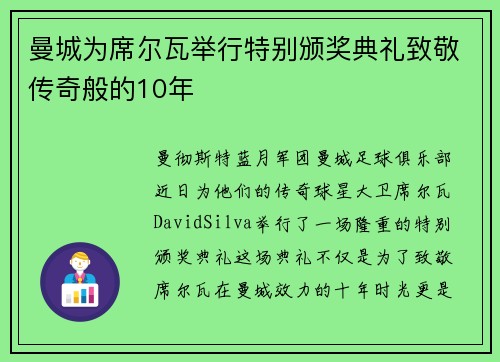 曼城为席尔瓦举行特别颁奖典礼致敬传奇般的10年