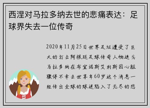 西涅对马拉多纳去世的悲痛表达：足球界失去一位传奇